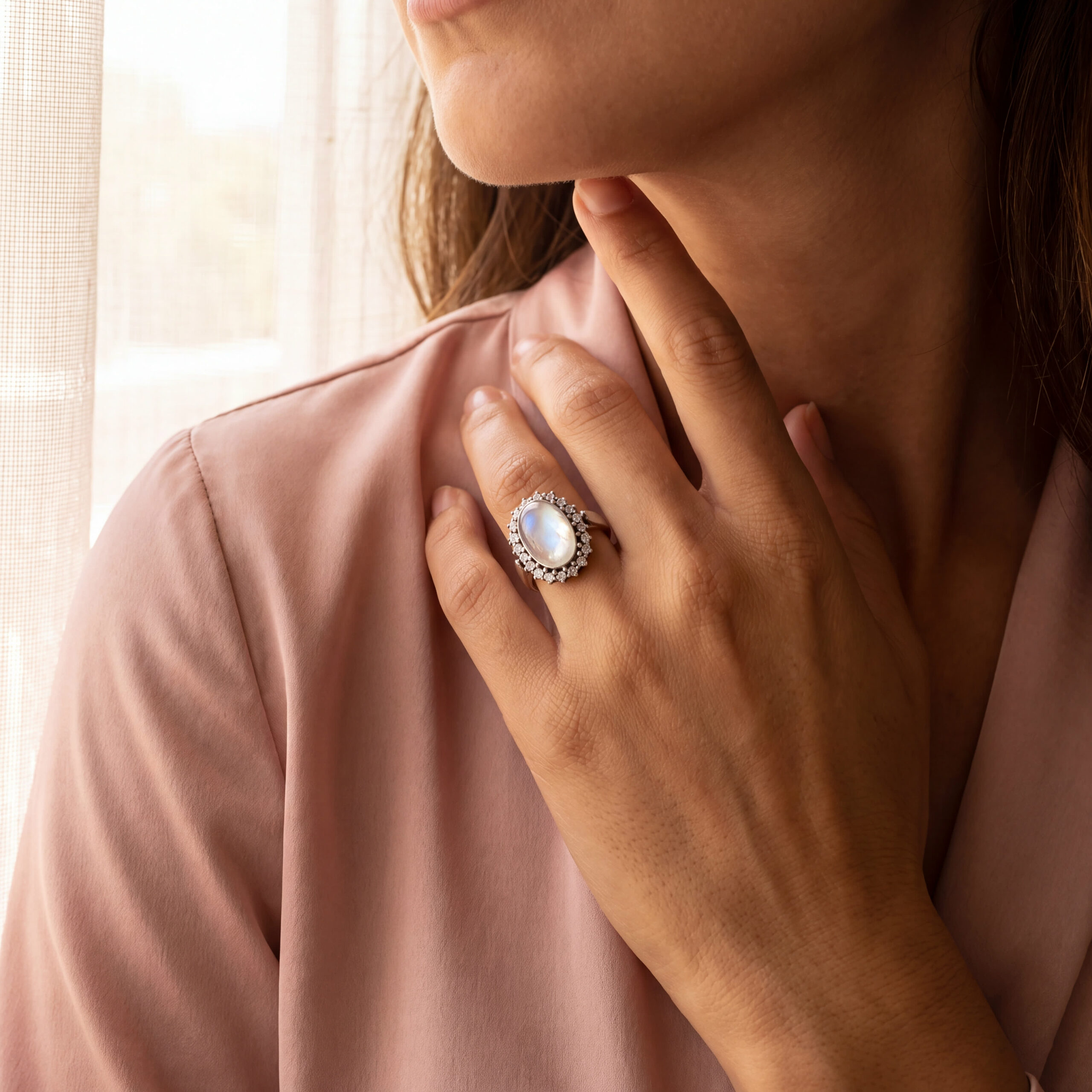 "Moonlight Halo" - Vintage Ring aus 14kt Weißgold mit Mondstein & Brillanten Entourage - Juwelier Steiger