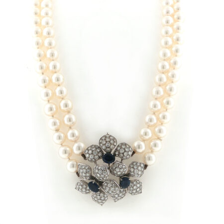"Ocean Flower" - Vintage Perlen Collier in 14kt Weißgold mit saphiren & Brillanten