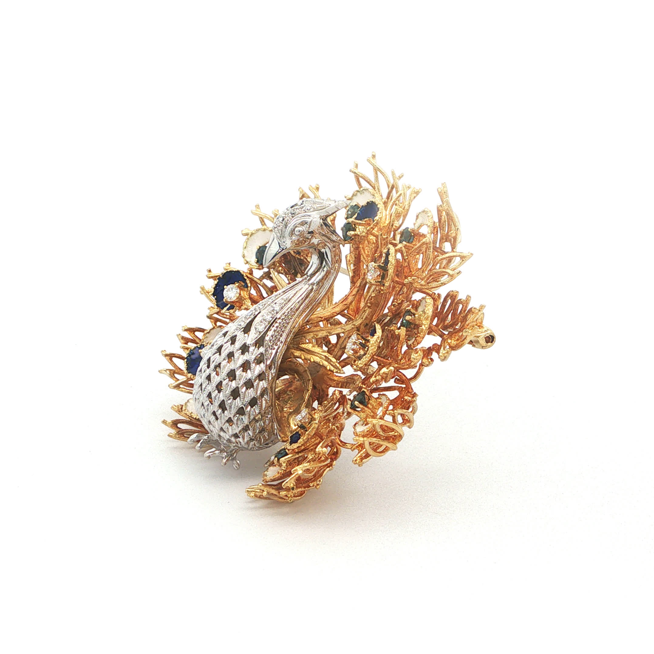 "Oh Du stolzer Pfau" - Imposante Vintage Brosche in 18kt Gelbgold mit Brillanten & Emaille - Juwelier Steiger