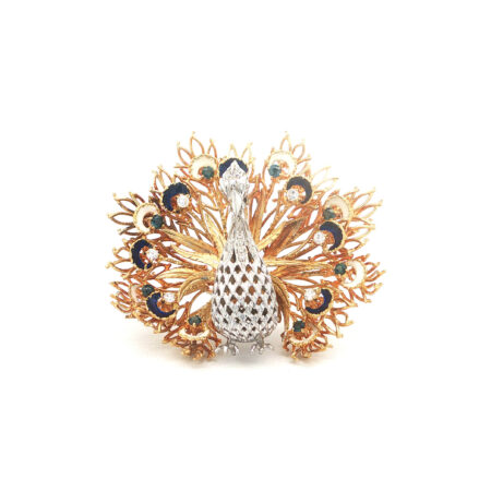 "Oh Du stolzer Pfau" - Imposante Vintage Brosche in 18kt Gelbgold mit Brillanten & Emaille