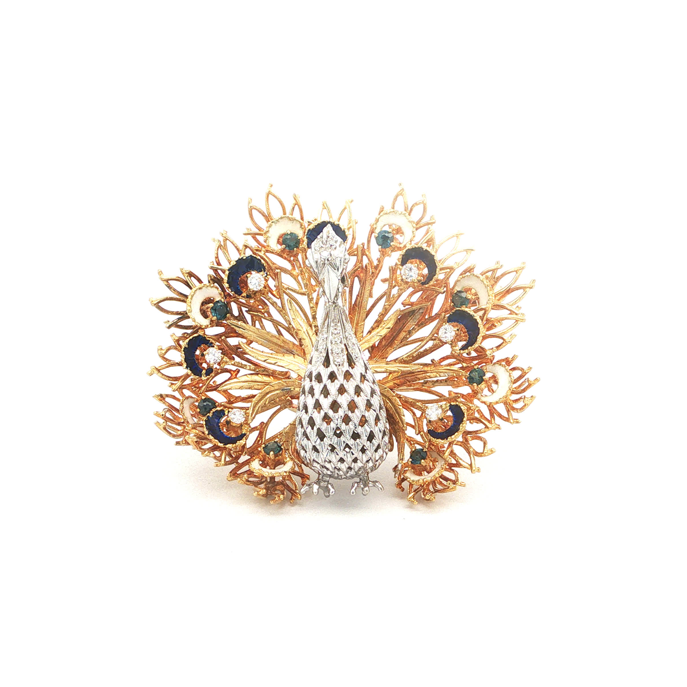 "Oh Du stolzer Pfau" - Imposante Vintage Brosche in 18kt Gelbgold mit Brillanten & Emaille - Juwelier Steiger