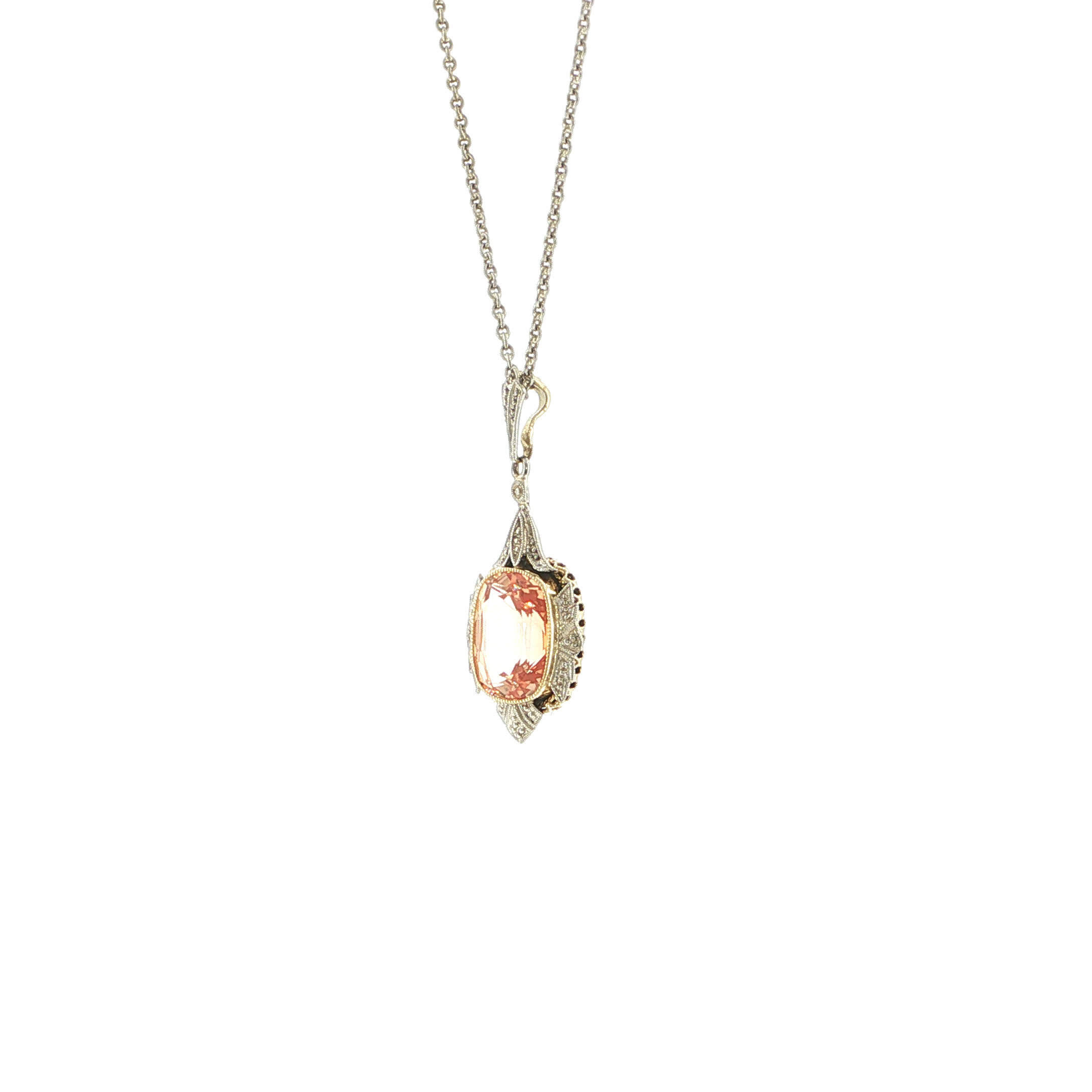 "Peach Art Déco" - Antike Kette mit Peach Saphir in 14kt Weißgold - Juwelier Steiger