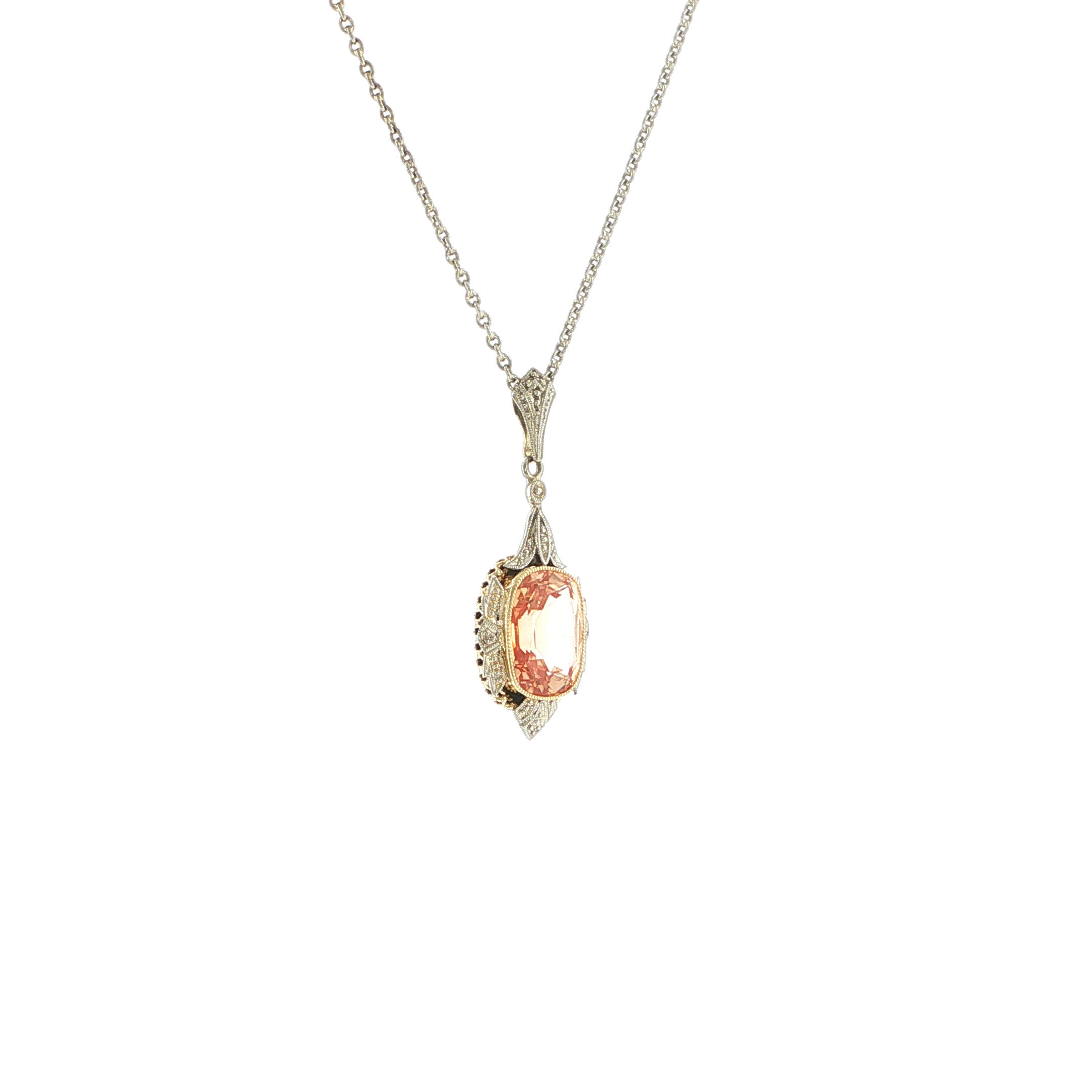 "Peach Art Déco" - Antike Kette mit Peach Saphir in 14kt Weißgold - Juwelier Steiger