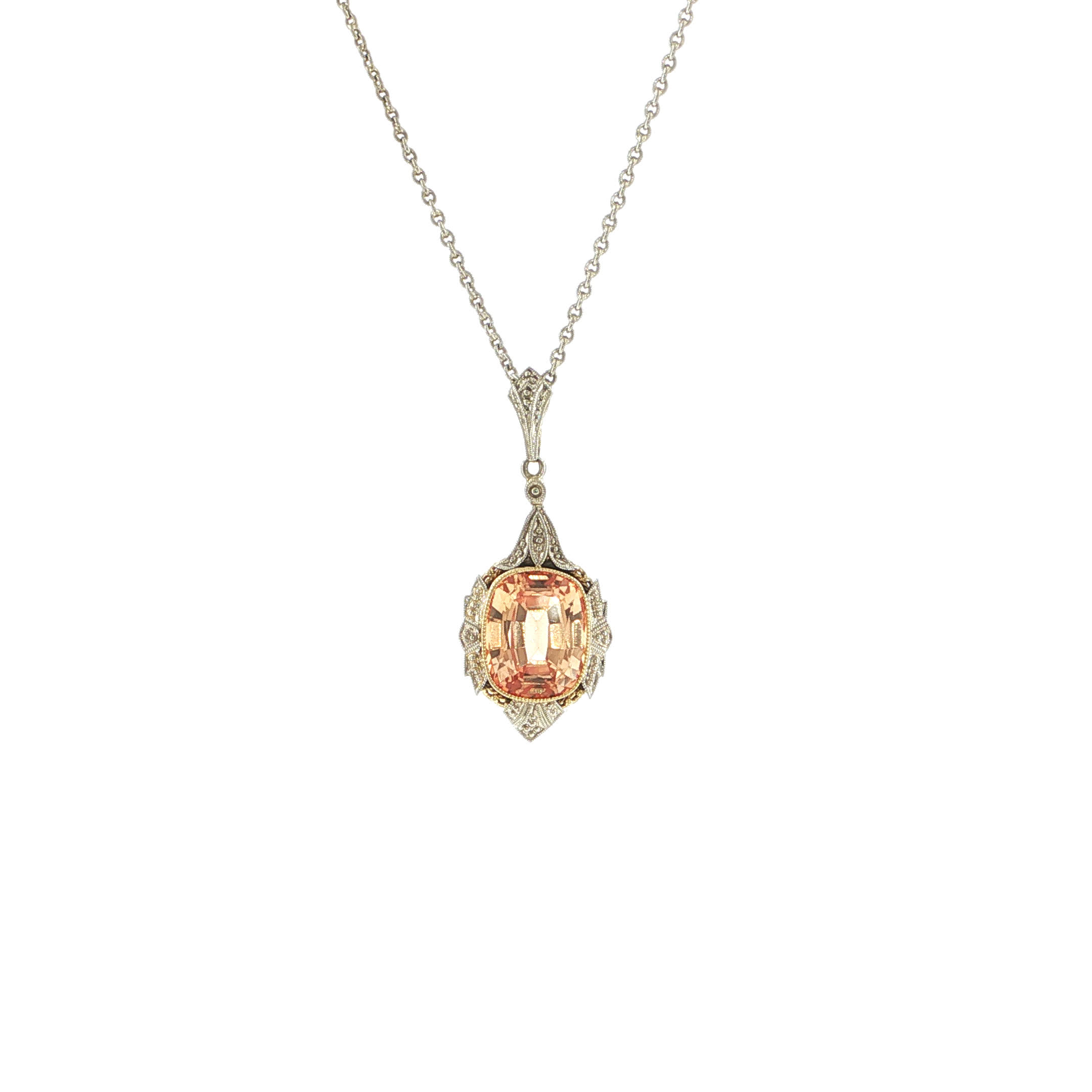 "Peach Art Déco" - Antike Kette mit Peach Saphir in 14kt Weißgold - Juwelier Steiger