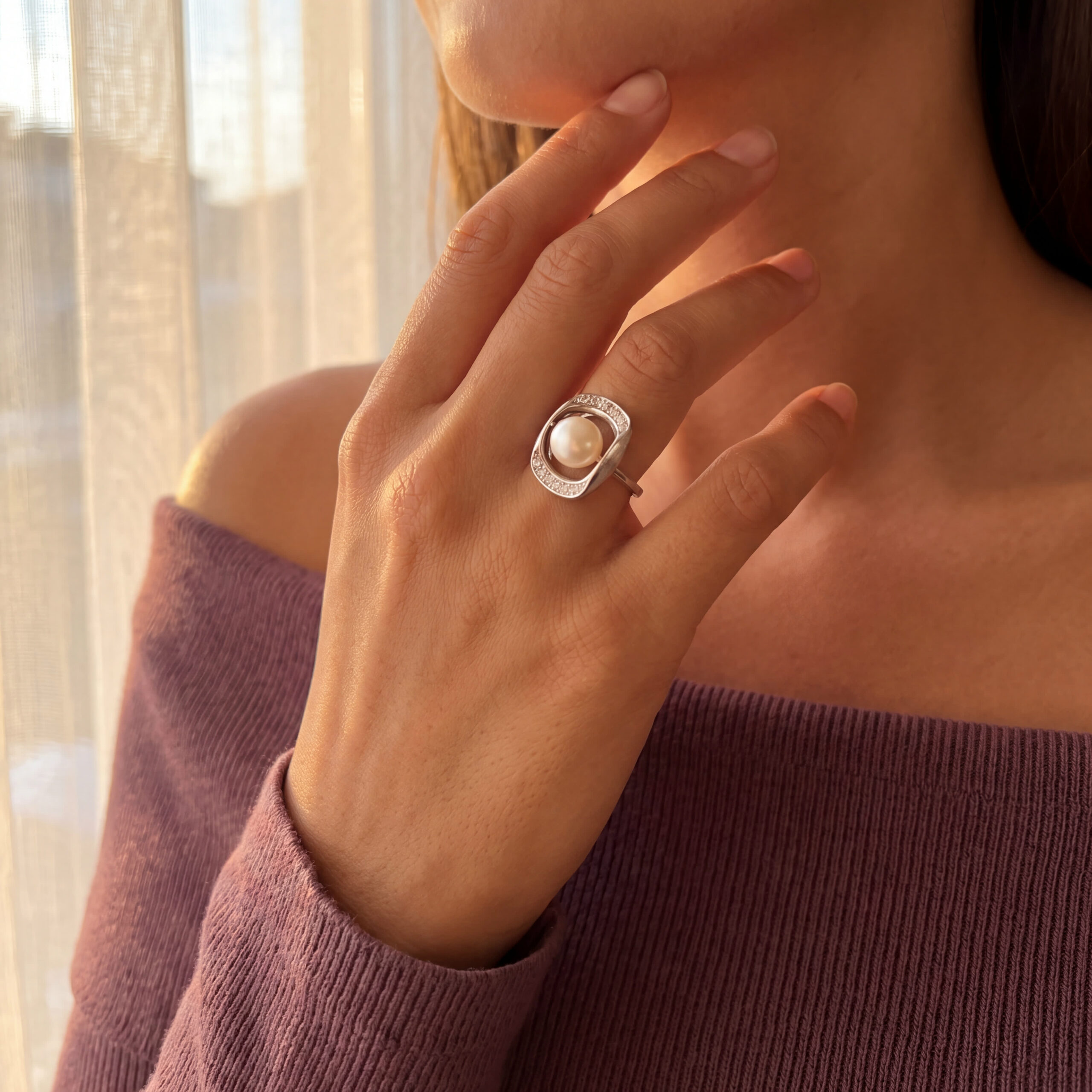 "Pearl in the Frame" - Vintage Ring aus 14kt Weißgold mit Perle & Brillanten - Juwelier Steiger