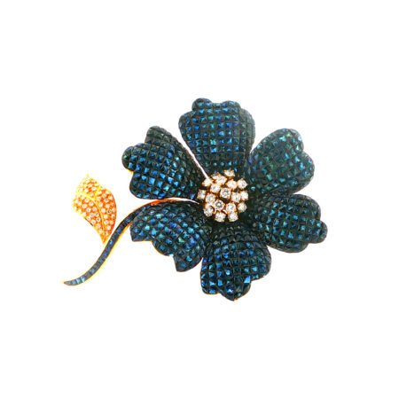 "Too Much? Never." - Imposante Vintage Blüten Statement Brosche aus 18kt Gelbgold mit Saphiren & Brillanten - Juwelier Ste...