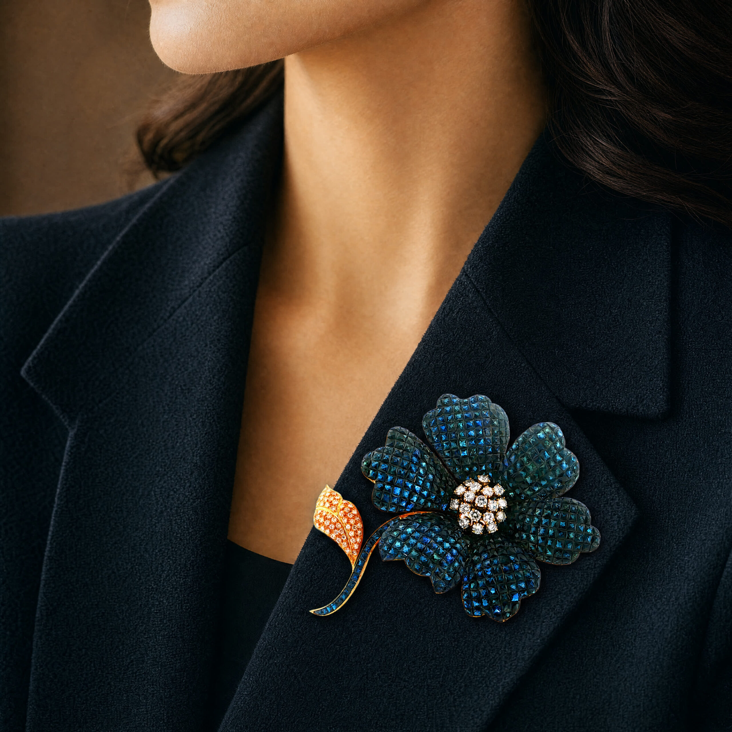 "Too Much? Never." - Imposante Vintage Blüten Statement Brosche aus 18kt Gelbgold mit Saphiren & Brillanten - Juwelier Ste...