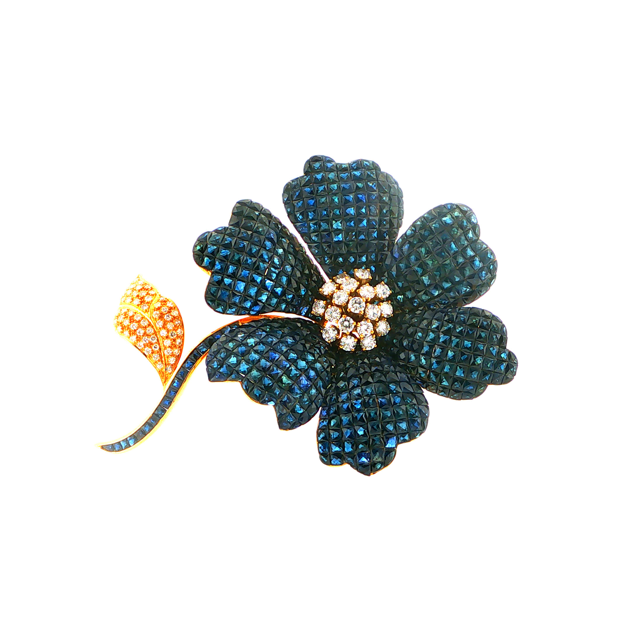 "Too Much? Never." - Imposante Vintage Blüten Statement Brosche aus 18kt Gelbgold mit Saphiren & Brillanten - Juwelier Ste...