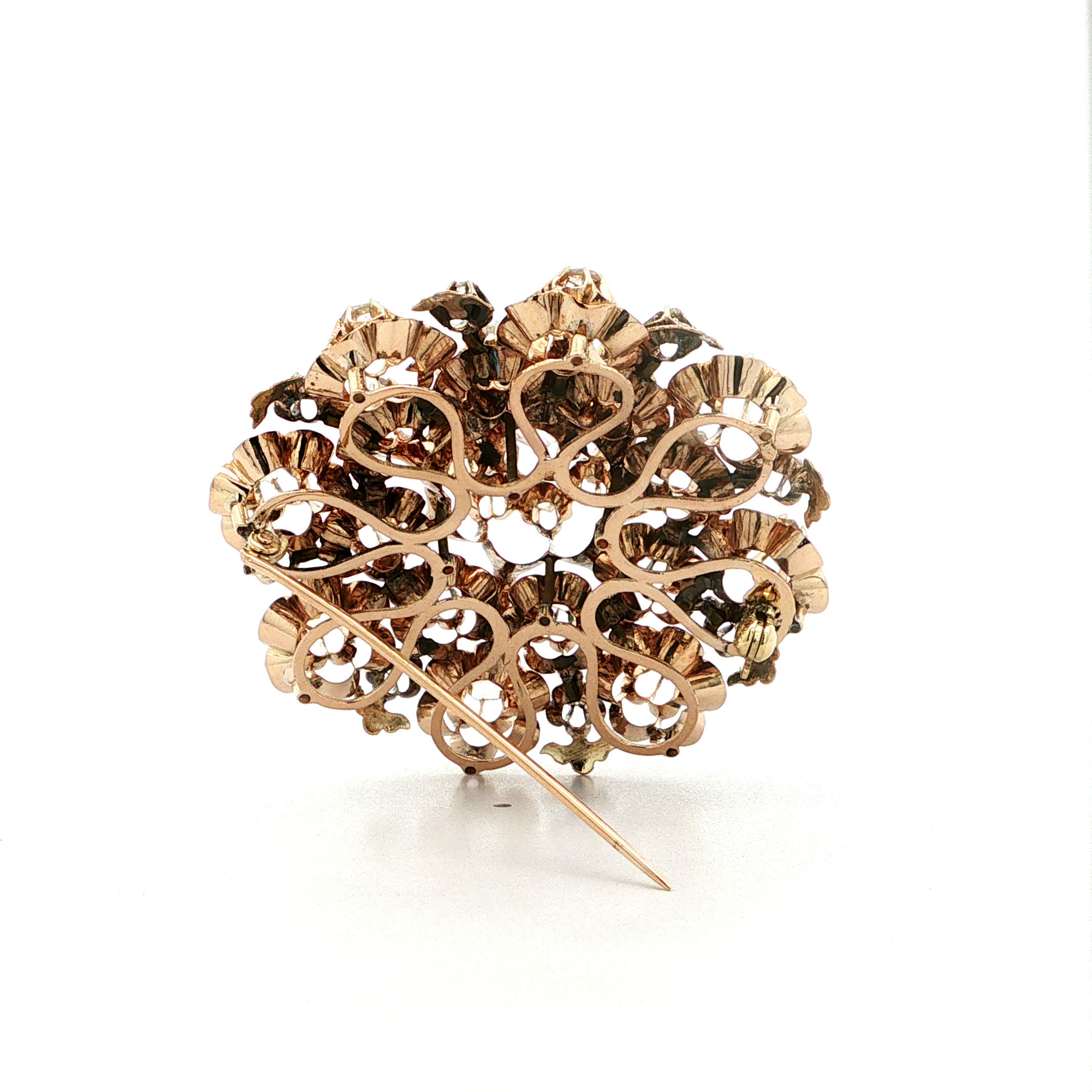 "Barock Rosette" - Antike Brosche 14 Karat Gold mit Emaille & Diamantrosen - Juwelier Steiger