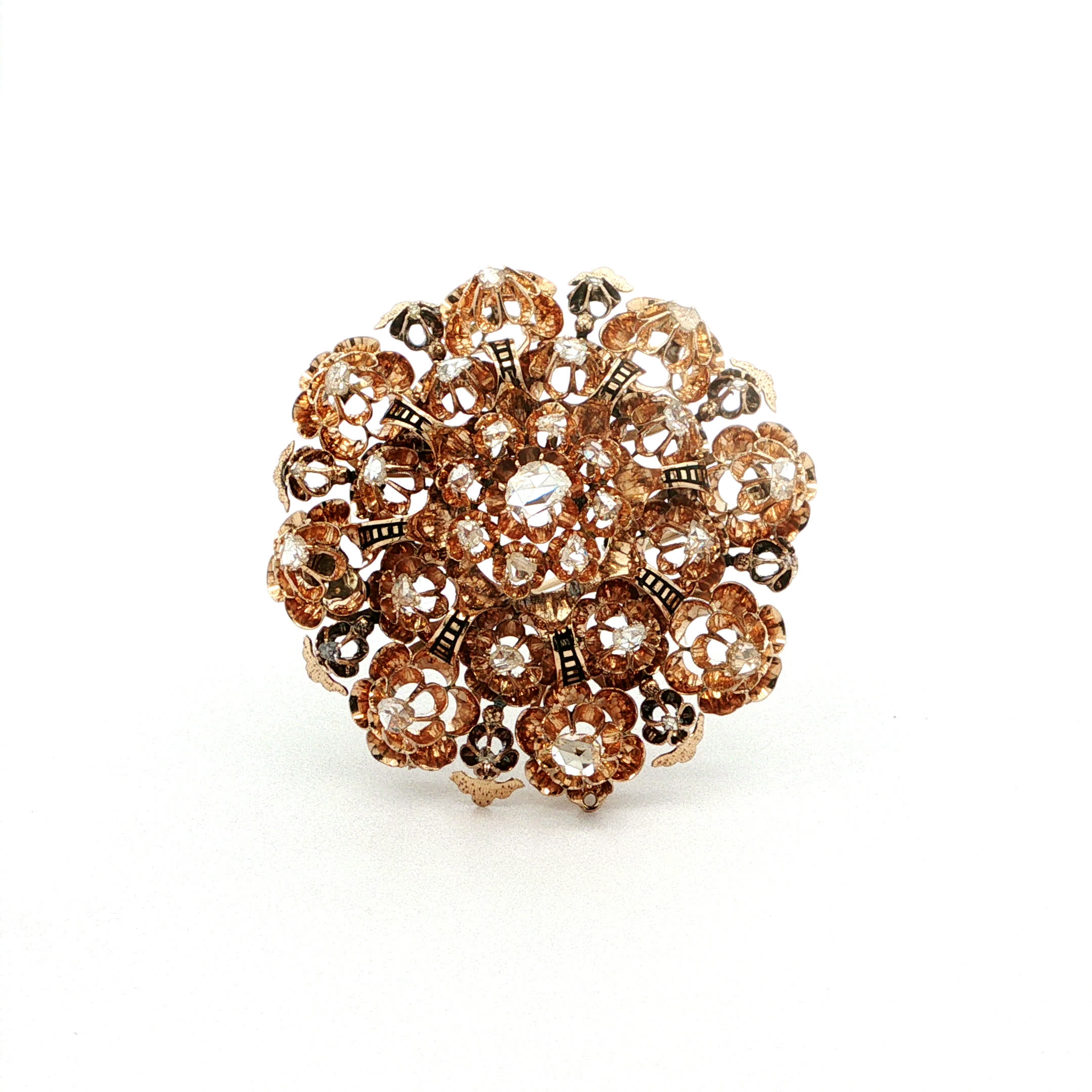 "Barock Rosette" - Antike Brosche 14 Karat Gold mit Emaille & Diamantrosen - Juwelier Steiger