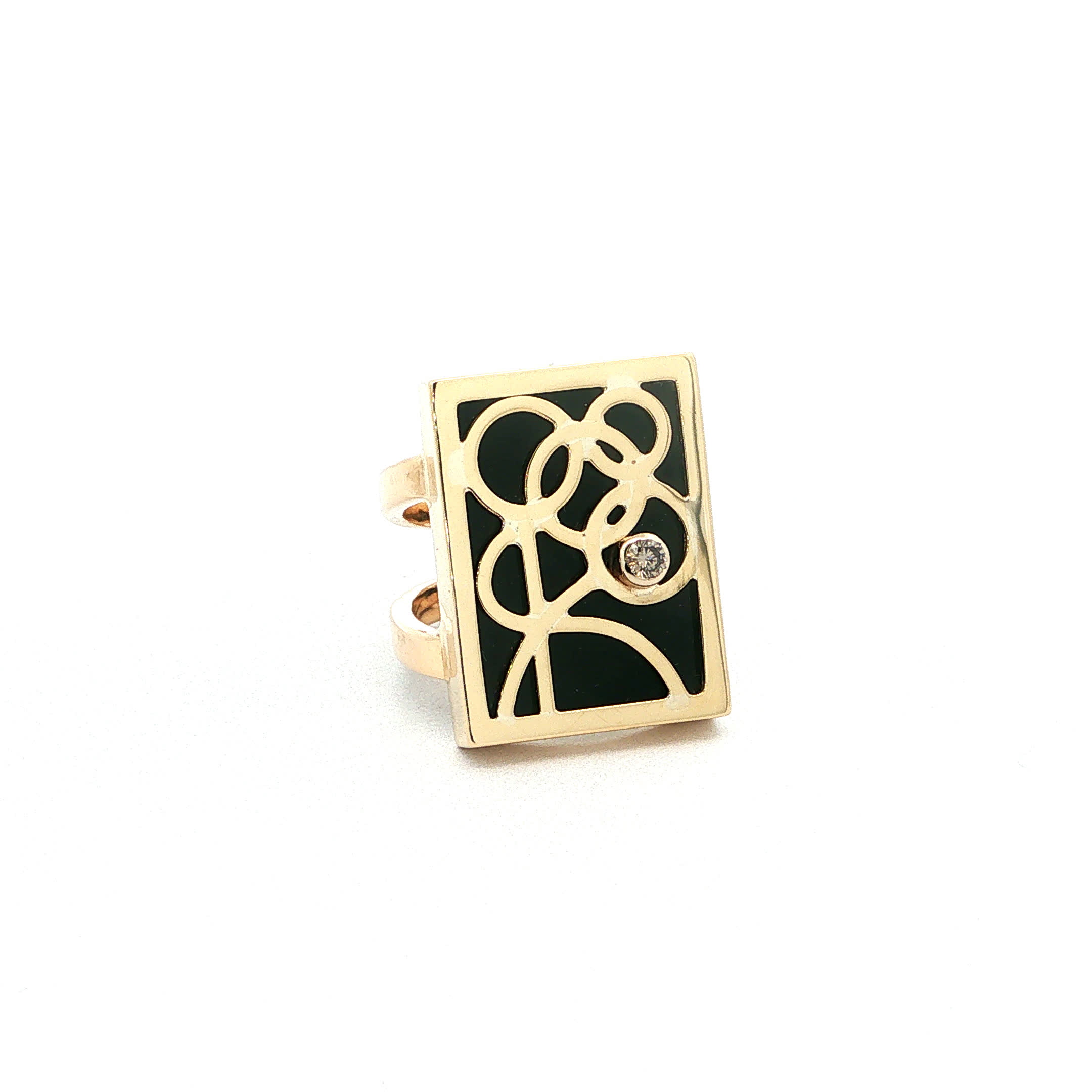 "Golden Abstract" - Vintage Ring in 14kt Gelbgold mit Onyx & Brillant - Juwelier Steiger
