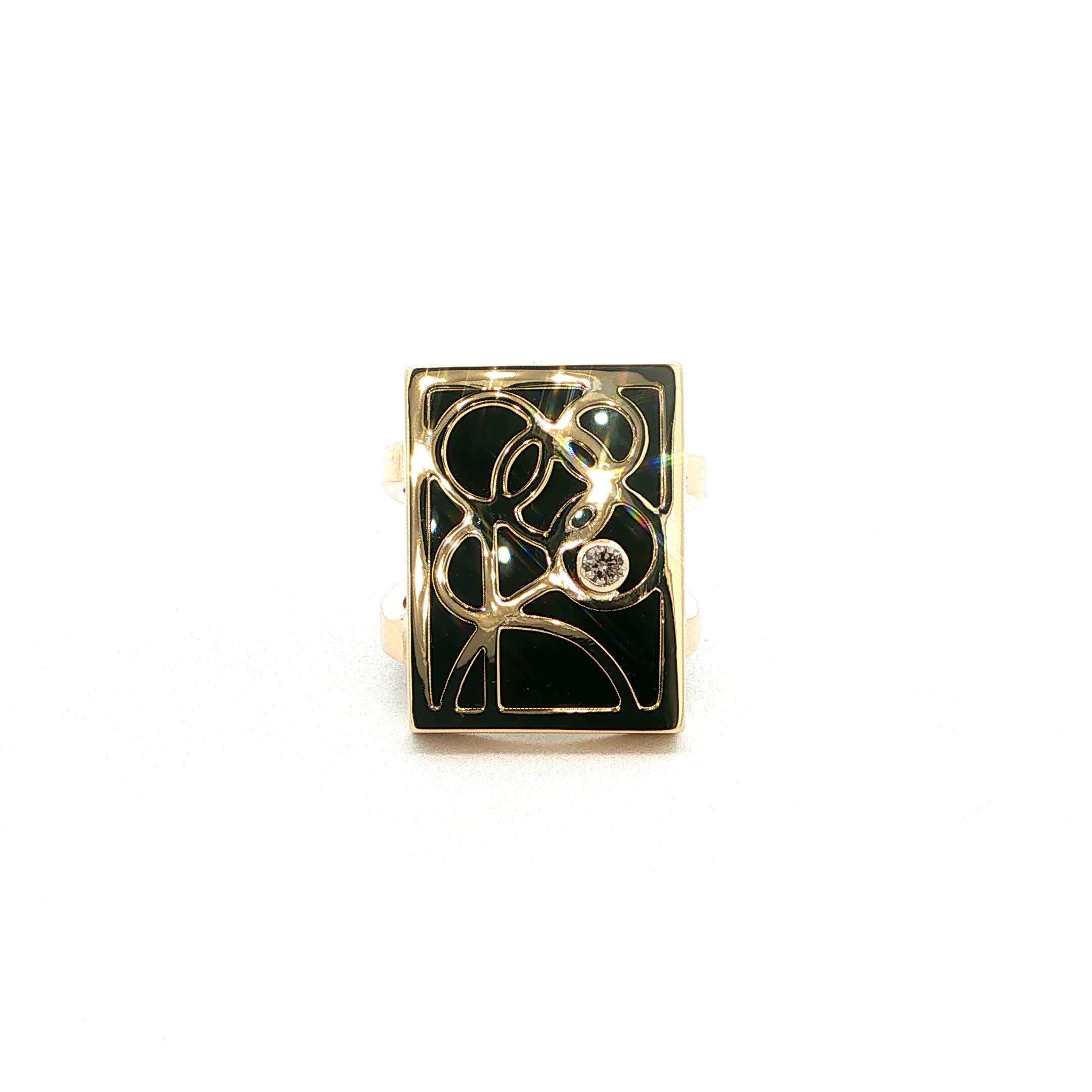 "Golden Abstract" - Vintage Ring in 14kt Gelbgold mit Onyx & Brillant - Juwelier Steiger