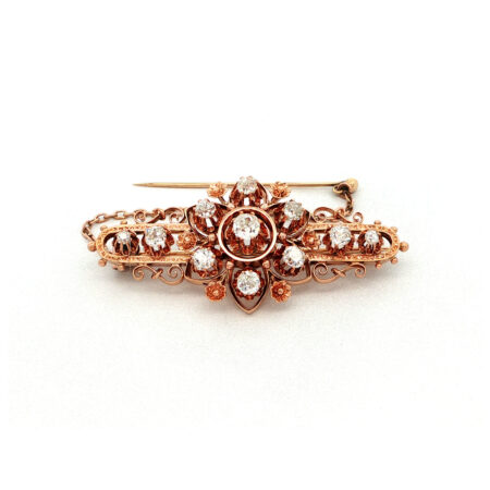 "Goldene Blütenpoesie" - Antike Brosche in 14kt Rosegold mit Diamanten im Altschliff - Juwelier Steiger