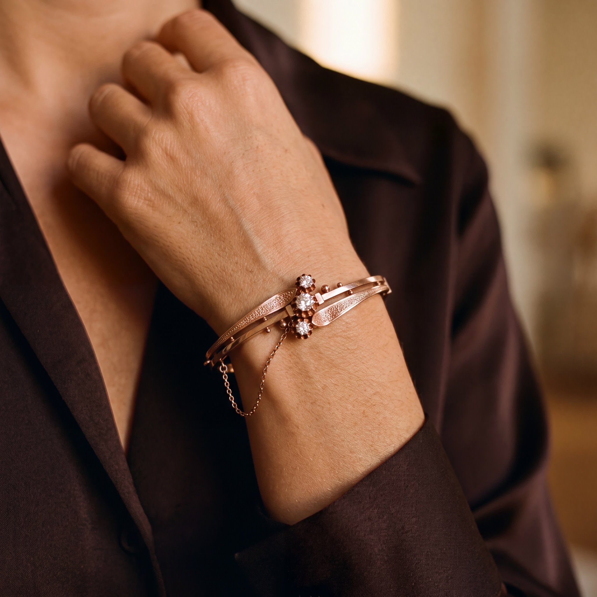 "Goldtripple" Antiker Roségold Armreif in 14kt mit Diamanten