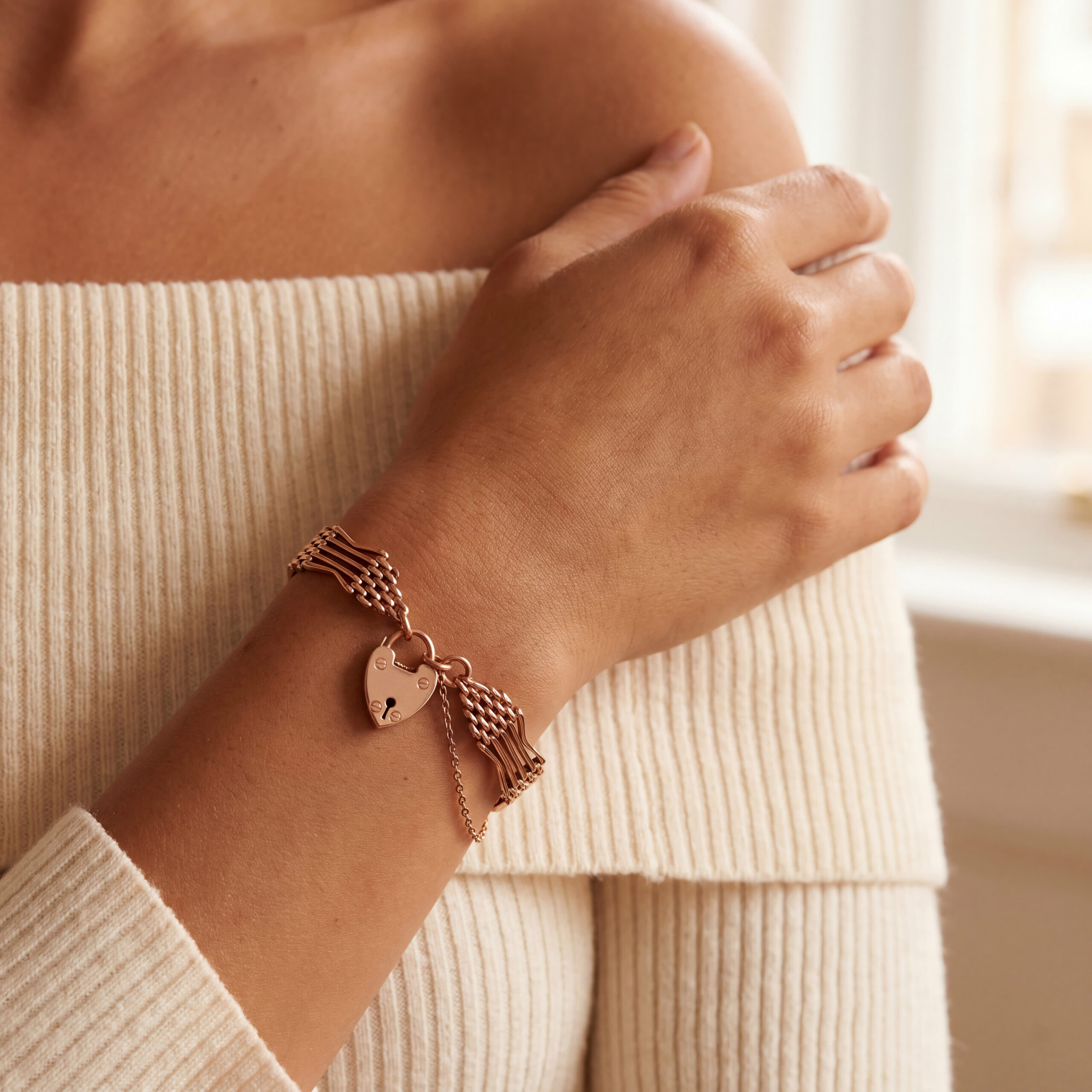 "Heart padlock bracelet" - Antikes Armband aus 9ct Gold aus 9 Karat leichtes Roségold - Juwelier Steiger